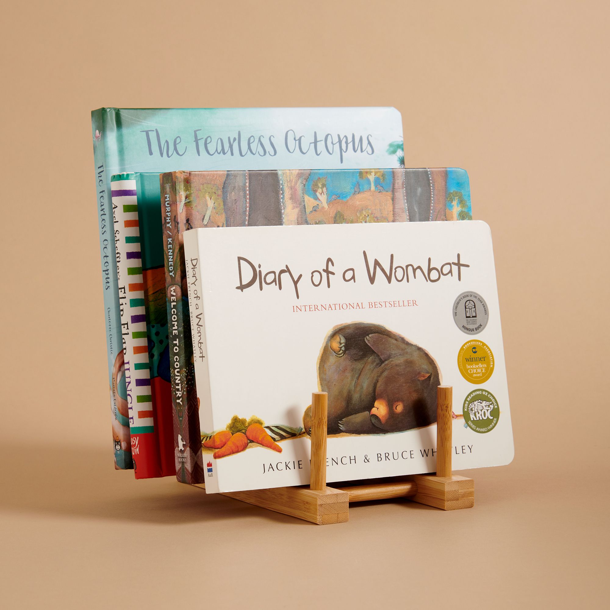 Stand of popular kids books including Diary of a Wombat
