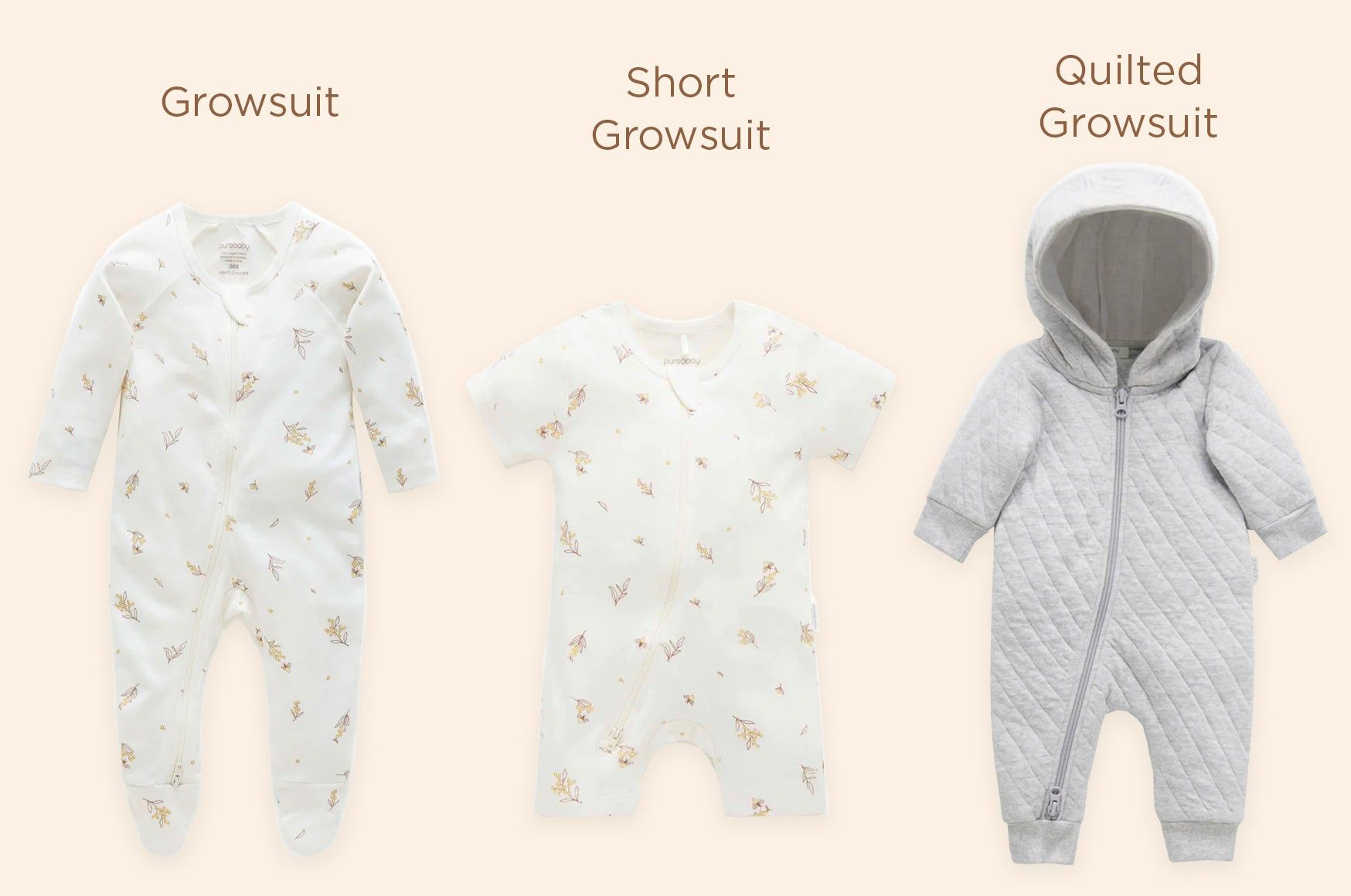 Three Growsuit styles lined up next to each other