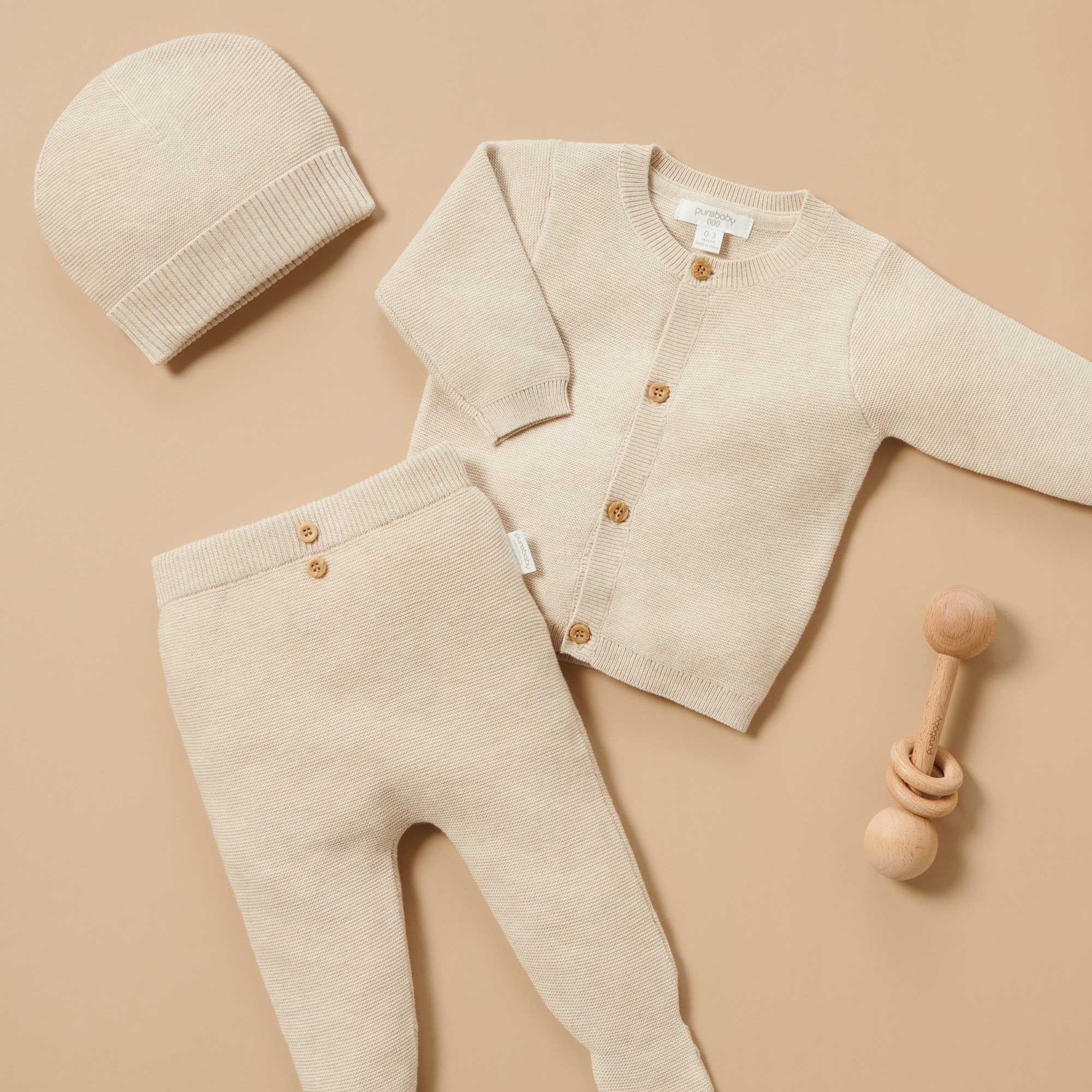 Beige organic cotton baby knitwear cardigan, leggings and beanie