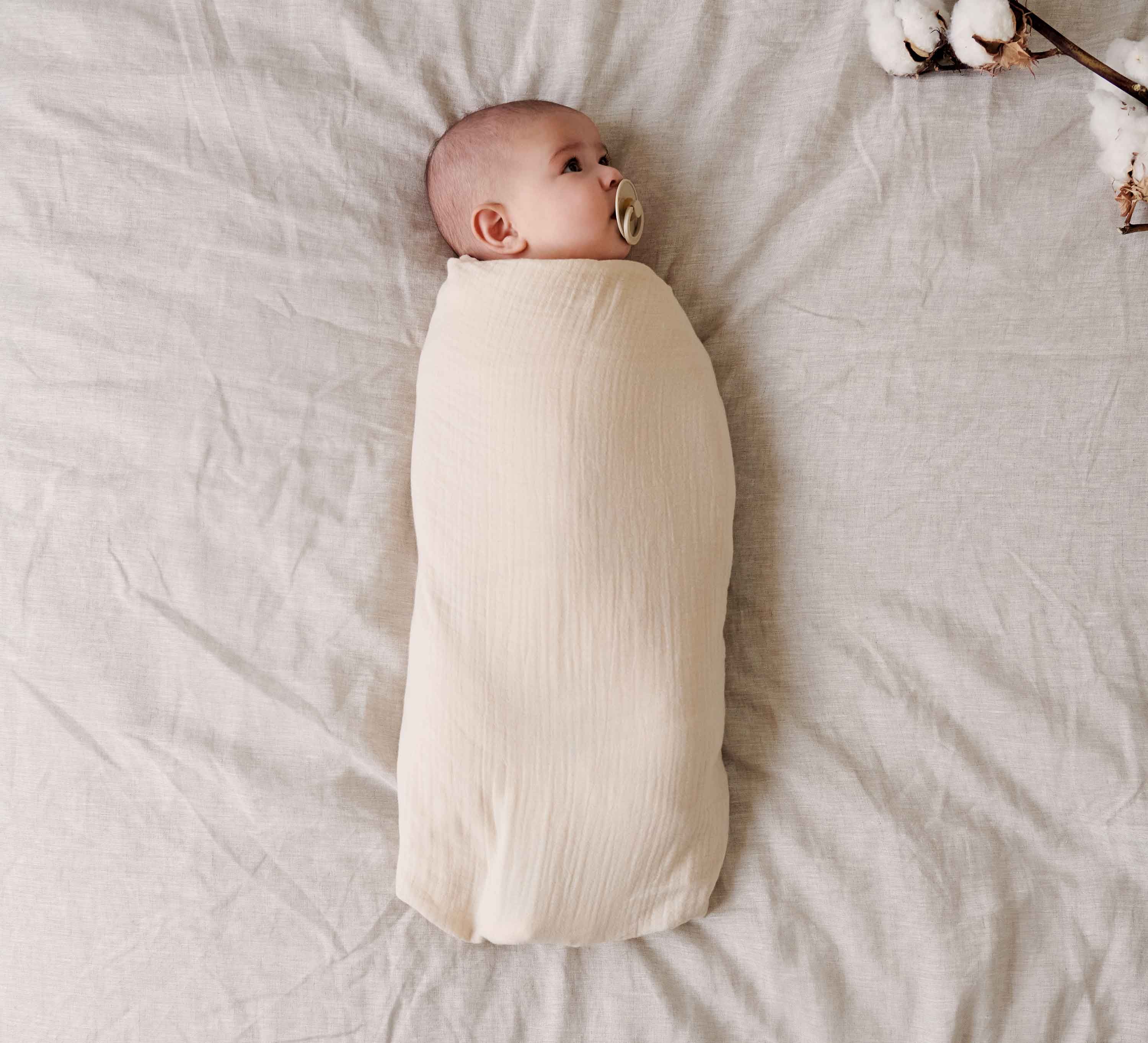 Newborn peacefully wrapped in a soft organic muslin wrap
