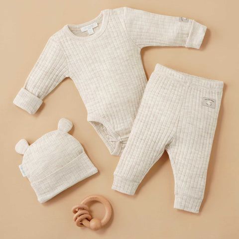 Purebaby beige merino wool bodysuit, leggings and hat with wooden teething ring