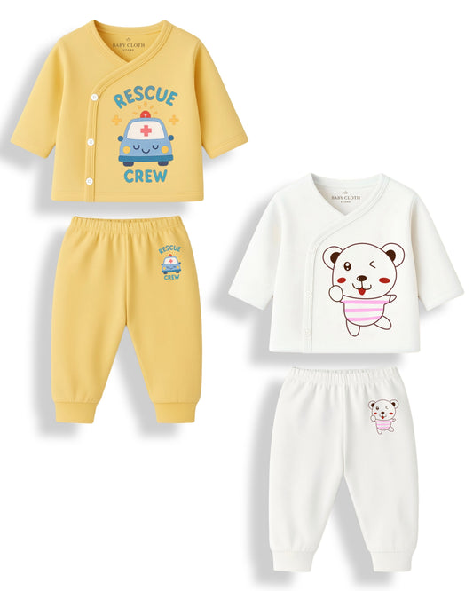 Pack of 2 – Soft Cotton Baby Jhabla & Pyjama Set | Adorable Prints