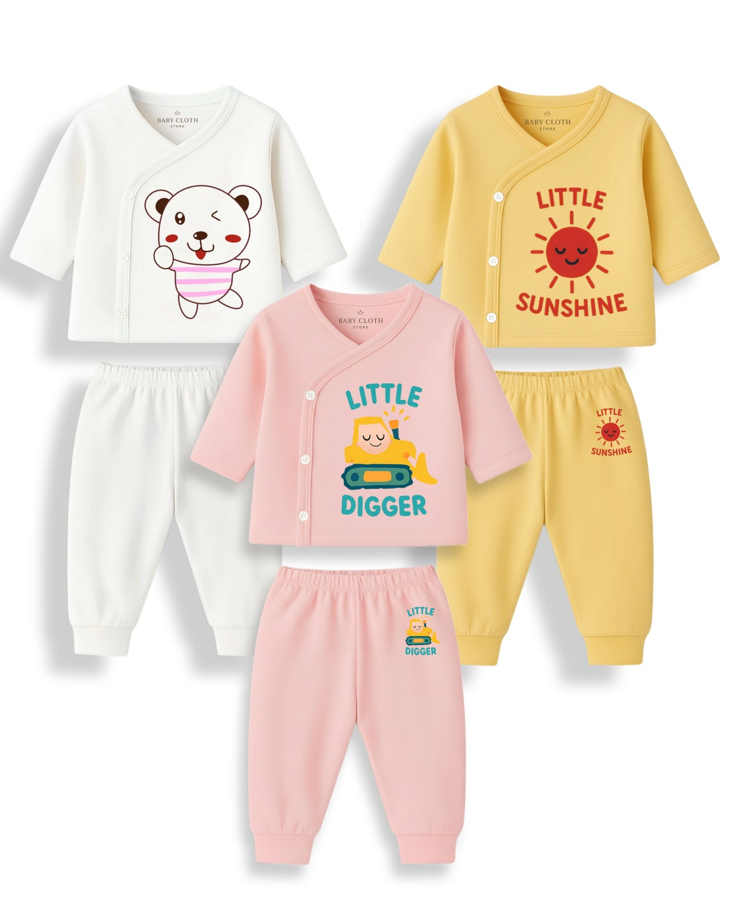 Pack of 3 – Soft Cotton Baby Jhabla & Pyjama Set | Cute Animal Prints