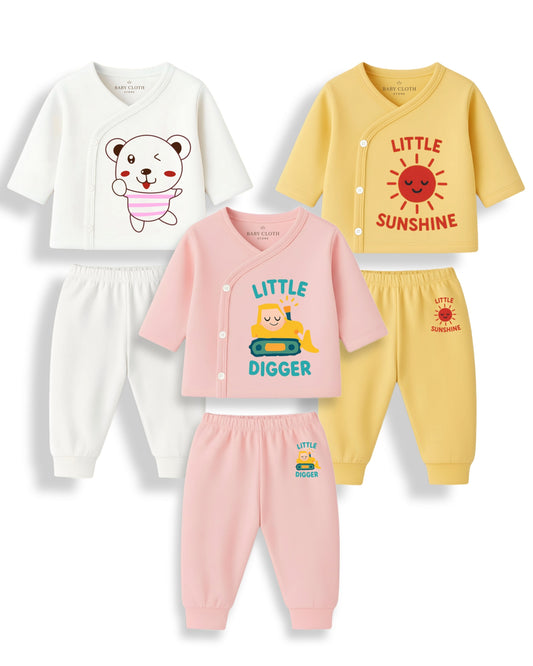 Pack of 3 – Soft Cotton Baby Jhabla & Pyjama Set | Cute Animal Prints
