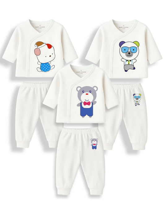 Pack of 3 – Soft Cotton Baby Jhabla & Pyjama Set | Cute Animal Prints