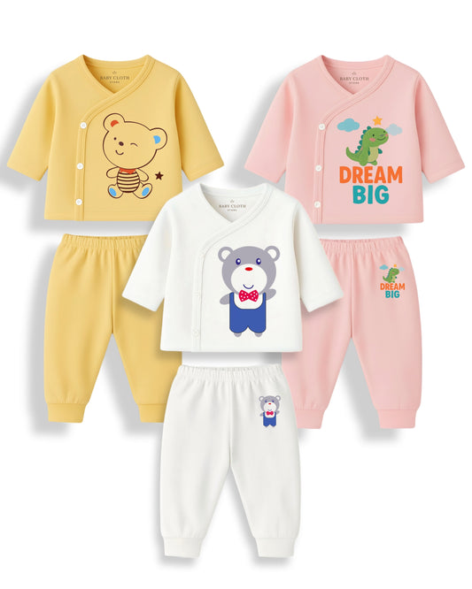 Pack of 3 – Soft Cotton Baby Jhabla & Pyjama Set | Cute Animal Prints