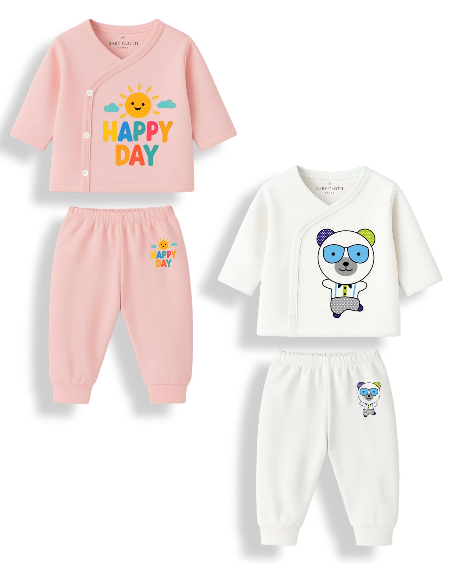 Pack of 2 – Soft Cotton Baby Jhabla & Pyjama Set | Adorable Prints