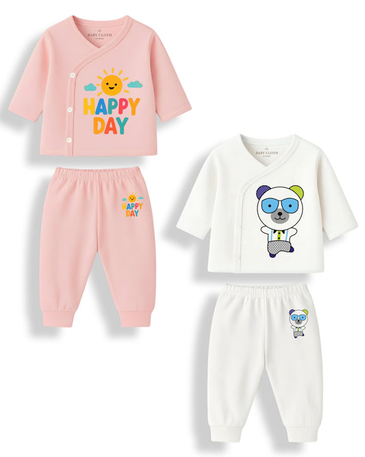 Pack of 2 – Soft Cotton Baby Jhabla & Pyjama Set | Adorable Prints