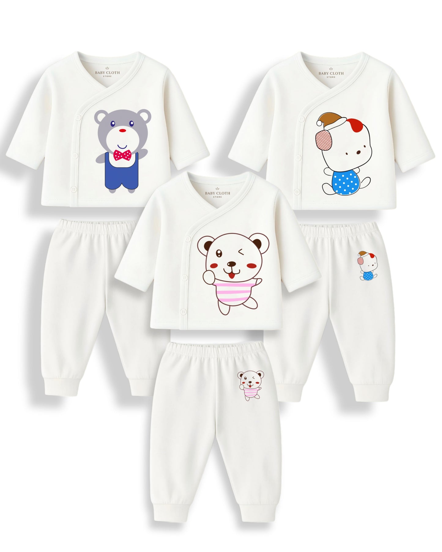Pack of 3 – Soft Cotton Baby Jhabla & Pyjama Set | Cute Animal Prints